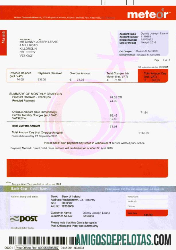 realista Modelo de projeto de lei de serviços públicos Meteor da Irlanda totalmente editável em formato PSD